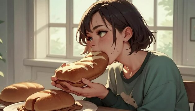 빵을 먹고 있는 여자의 모습
