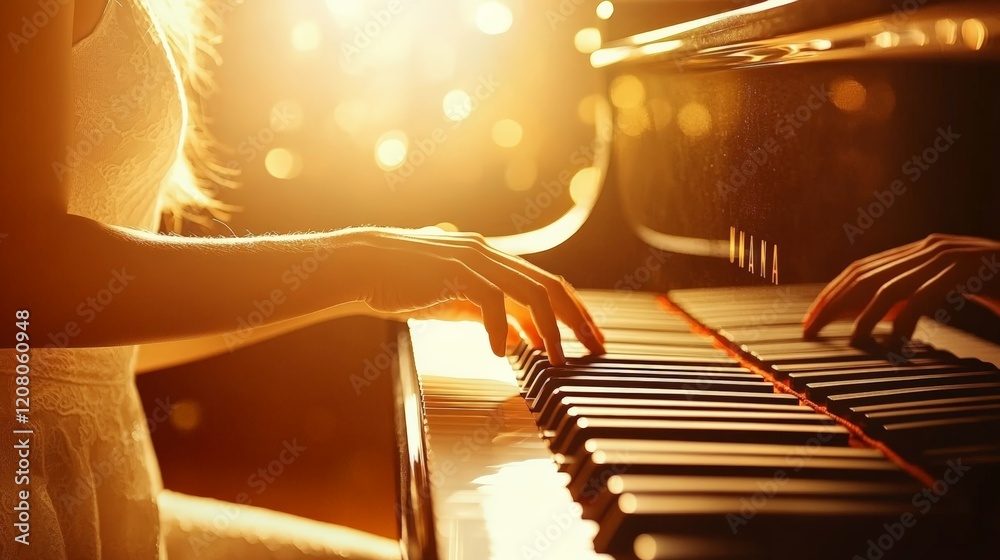 Poster close up of a musician's hands playing a grand piano on a stage, bathed in warm backlight, creating 