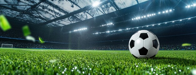 Naklejka premium Soccer match action stadium sports photography rainy environment ground level view team spirit concept