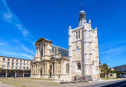Le Havre, France - June 11, 2021: Three-quarter front view of Notre-Dame du Havre cathedral, a Roman Catholic church with a Baroque facade and a bell tower dating from the 16th and 17th century.