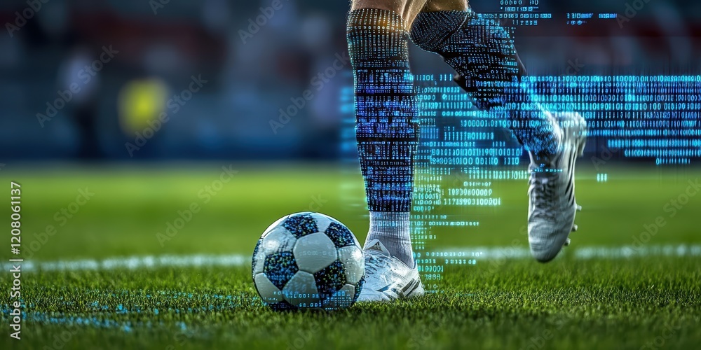 Wall mural Dynamic soccer action player kicking ball on green grass with digital overlay sports field futuristic concept