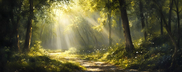 Obraz premium Sunlit Forest Path Magical, Peaceful