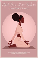 Poster template for yoga studio with faceless African American  woman in pastel pink colors flat illustration