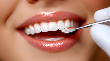 Fototapeta premium Dentist checking perfect white teeth with dental mirror tool
