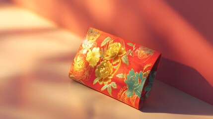 Vibrant Red Clutch Bag with Floral Patterns and Sunlight Shadows