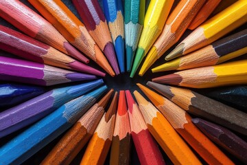 Fototapeta premium artistically arranged colored pencils creating rainbow spectrum soft focus background clean modern composition