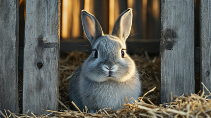 Obraz premium Grey Rabbit Sitting in Wooden Crate Filled with Straw Against Outdoor Background 