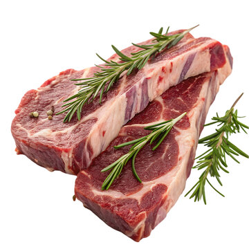crude riba meat with rosemary on transparent background