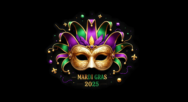 A detailed Mardi Gras mask with a jester hat design, fleur-de-lis symbols, beads, and "Mardi Gras 2025" text, set against a dark background, celebrating the festive spirit