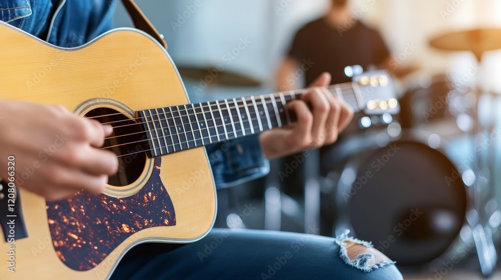 Poster close up of a musician playing an acoustic guitar during a rehearsal or recording session, with a dr