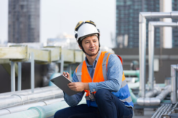 Male engineer work using digital tablet for checks or maintenance in sewer pipes area at...