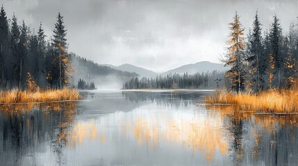 Fototapeta premium Tranquil reflection of autumn forest over lake misty mountains nature photography serene landscape aerial view