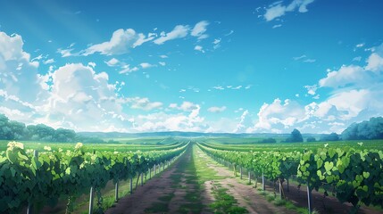 A sprawling vineyard with rows of grapevines stretching to the horizon under a clear sky. 35mm, f22, cinematic, wide angle lens