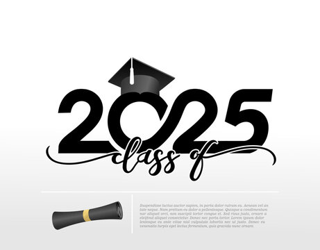 2025 Graduate class template logo with diploma and graduation cap. Vector on transparent background. Template for design, congratulation event, party, high school or college graduate.