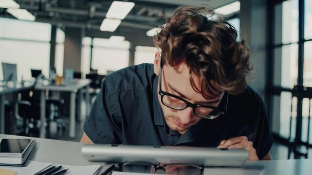 Portrait of a sick and tired young businessman in eyeglasses in an empty office is sitting at the desk, he's exhausted. 