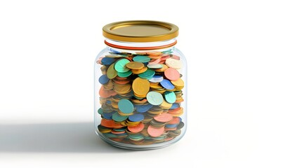 Colorful coins fill glass jar, white background, savings concept