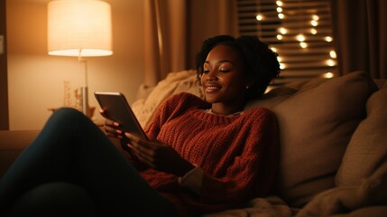 Fototapeta premium Woman Relaxing on Sofa at Night with Tablet, Cozy Home Atmosphere
