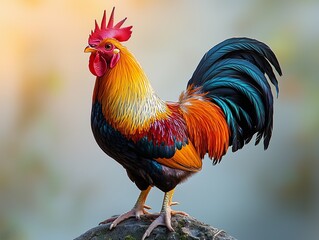 Fototapeta premium Vibrant Rooster with Multicolored Plumage Standing on Rock Against Blurred Background