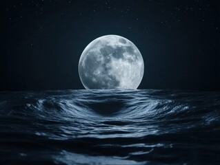 Serene Night Over Calm Ocean Waves Under Bright Full Moonlight