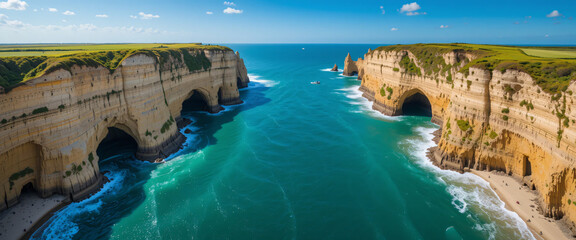 "A scenic view of Étretat’s cliffs with a winding walking trail leading to the edge, surrounded by lush grass and summer wildflowers. The towering chalk cliffs meet the deep blue