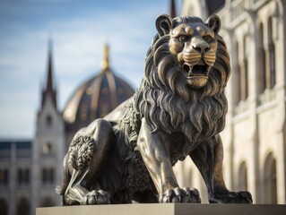 Beautiful Ancient Lion Sculpture in Black Metal Detail. Artistic Beast in Front of Budapest Parliament on White Background