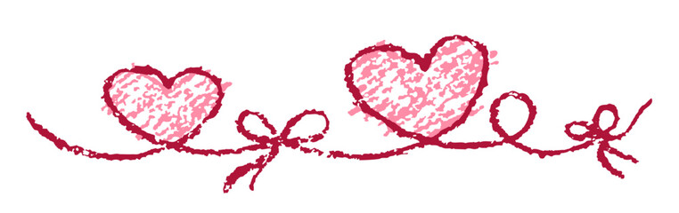 Valentine's day border or background with red pink hearts with string thread and cute girly bow. Like kids hand drawing doodle funny style. Crayon, pastel chalk or pencil. Cartoon simple banner frame