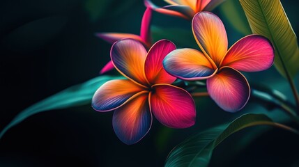 Obraz premium A vibrant image of a tropical flower with striking colors against a dark backdrop, creating a dramatic effect, fine art photography