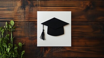 A graduation cap silhouette cutout on a minimalist white card