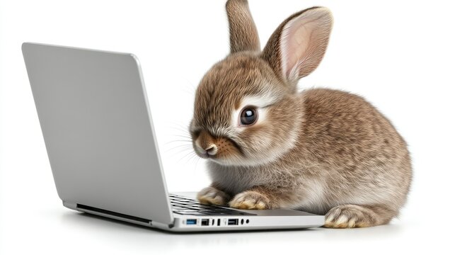 A cute little rabbit is playfully typing away on a laptop, exploring the vast digital world with curious excitement