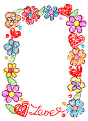 Cute girly funny square frame or vignette with blooming colorful flower. Like kids hand drawn border or background doodle teenager child style. Crayon, pastel chalk or pencil summer cartoon art banner