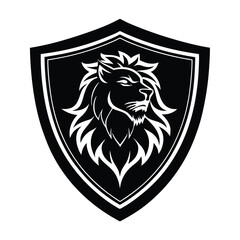 Obraz premium Lion Head Silhouette on Shield Vector Art - Black Lion Head Logo Design