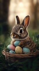 A charming little bunny nestled among a collection of pastel-colored eggs in a cozy nest, all amidst lush greenery in the vibrant springtime