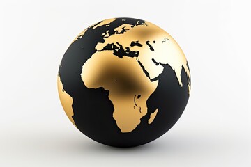 Black Globe on Golden Stand. Metal Planet Earth Map with Africa in Black and Gold. Isolated on White Background in 3D Illustration