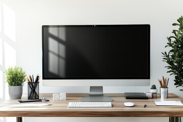 A well-organized desk with a computer, large monitor, and minimalistic office supplies