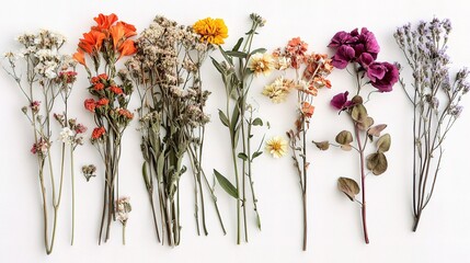 Flat Lay of Fresh Dry Flowers on White Background Art
