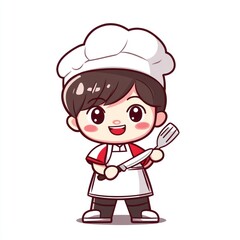 Obraz premium Cute chef in white hat holding a spatula and knife, standing with white background