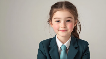 young girl with neatly tied brown hair, wearing a teal school blazer and teal tie, sitting upright with a friendly smile.