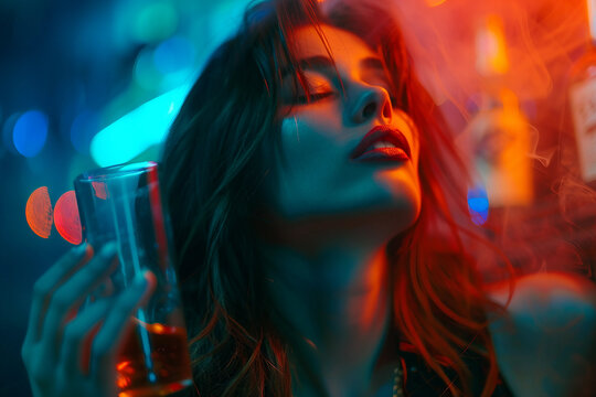 Generative AI image of a person in a vibrant nightclub with neon lights and dancing atmosphere