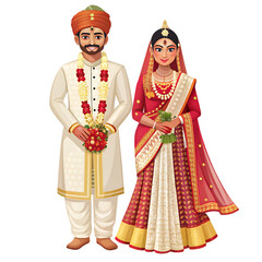 Obraz premium Indian Wedding Couple Elegant Bride Groom Festive Attire art red joy gold love saree white