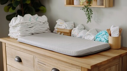 A light gray changing pad on a wooden dresser, with neatly arranged diapers nearby