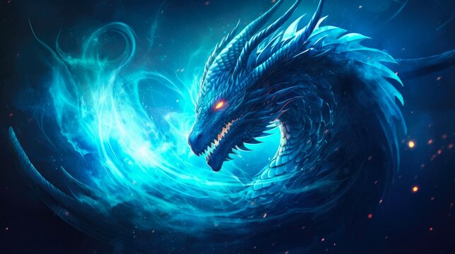 Blue Hues Dragon in Cosmic Background, Esoteric Fantasy Concept of Dragon Energy and Mystical Power in Universe | Generative AI
