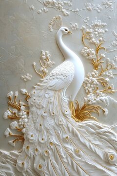 Elegant white peacock sculpture artistic relief design indoor decor serene atmosphere close-up view nature inspired