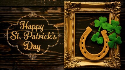 St. Patrick's Day Text with Shamrocks and Horseshoe