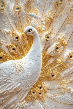 Elegant white peacock sculpture art gallery decorative artwork serene environment close-up view beauty concept