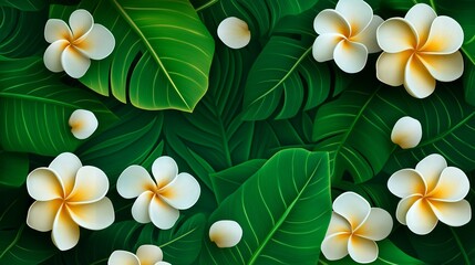 tropical background with white and yellow hibiscus flowers.