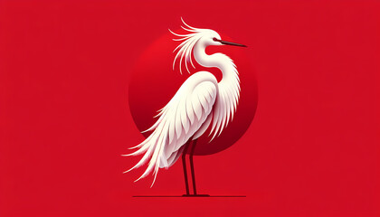 Elegant White Egret on Red Background