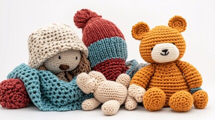 Cozy Crochet Animals with Hats and Blankets on Soft Background