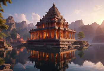 Fototapeta premium Ancient Hindu temple with majestic architecture overlooking a lake, architectural details, intricate carvings