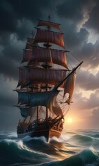 Ancient sailing vessel caught in powerful storm at sea, wrecked vessel, turbulence, sea