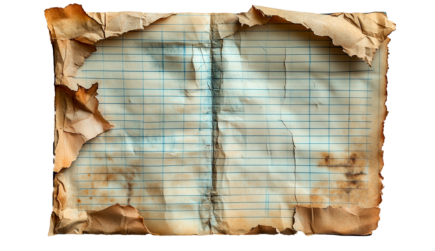 Aged parchment with torn edges, vintage texture, faded blue ink, and water-damaged, crumpled appearance evoking a nostalgic, mysterious, historical artifact with forgotten memories.
